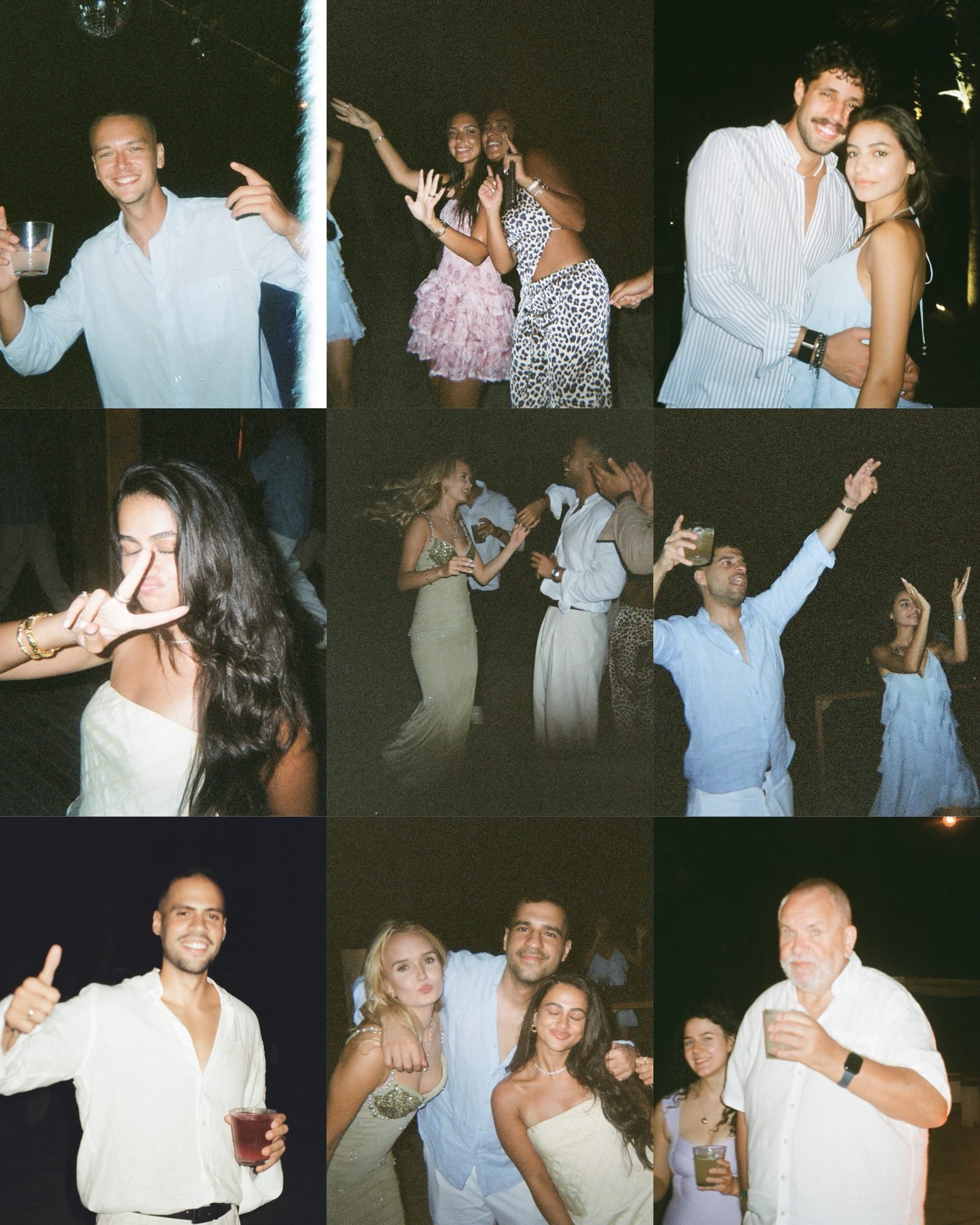 Guests dancing and celebrating at the party, in a collage of frames