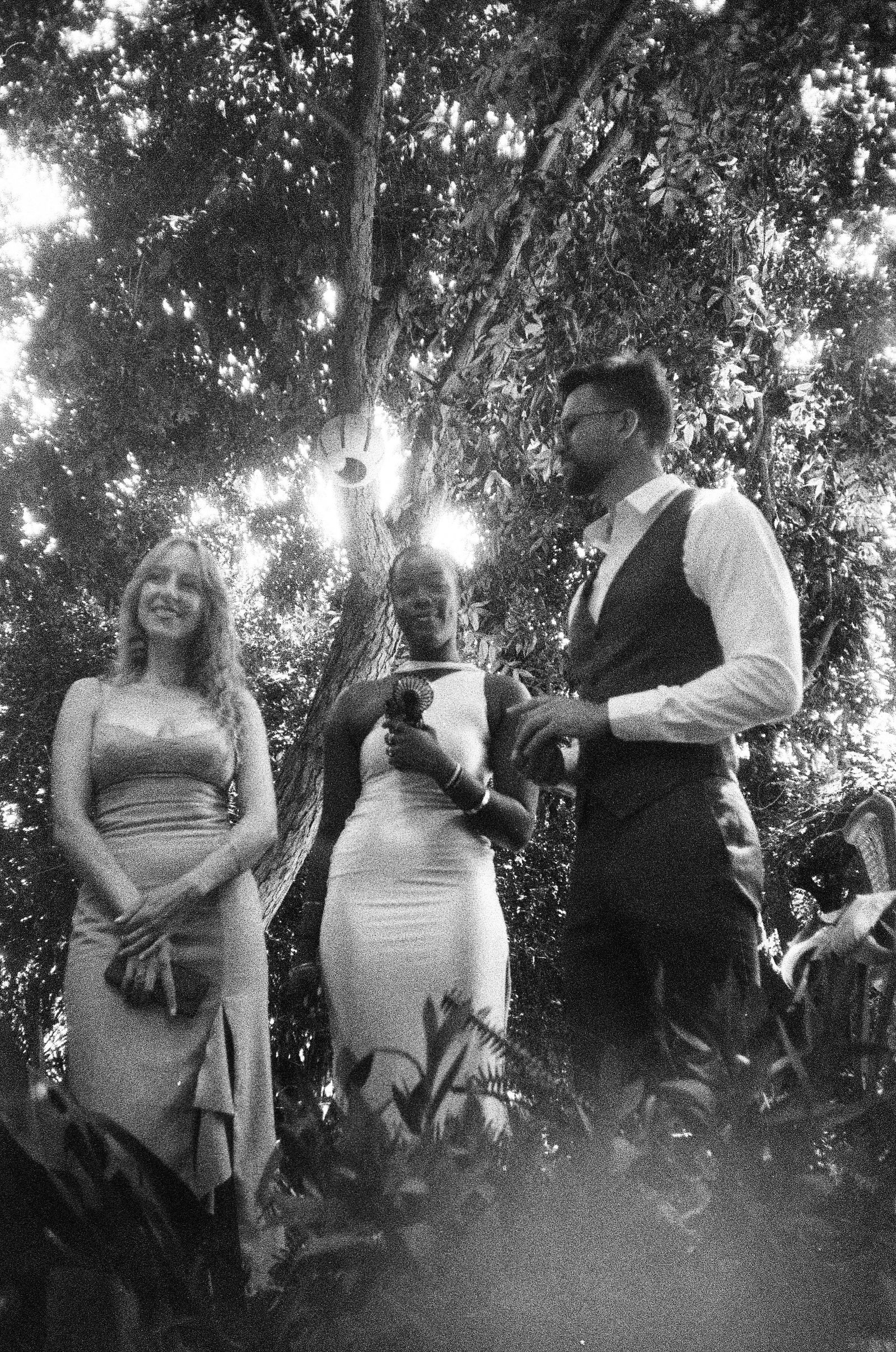 Wedding guests laughing among trees in dappled light, black and white