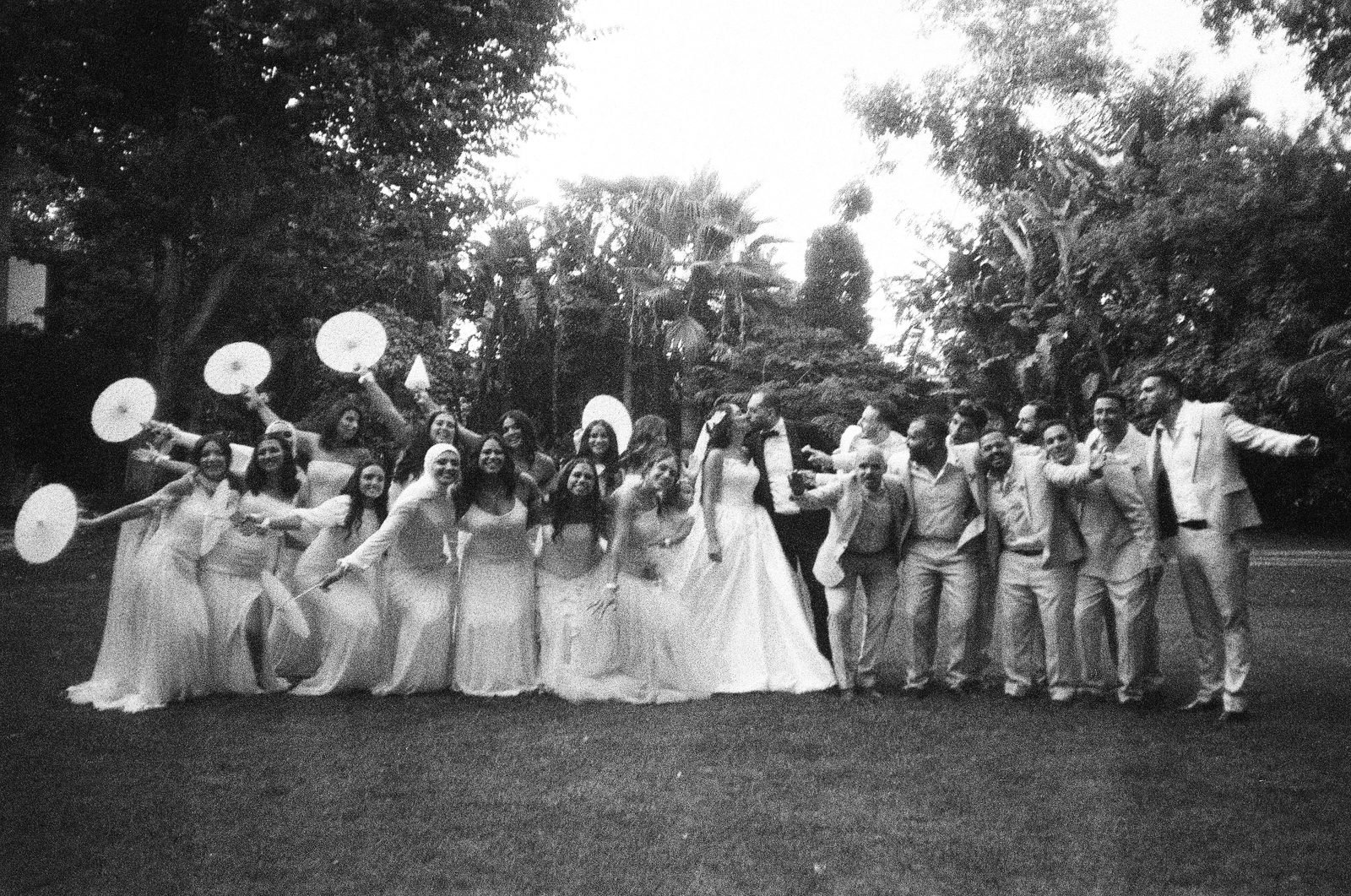 Bridal party striking a pose on a lawn, black and white
