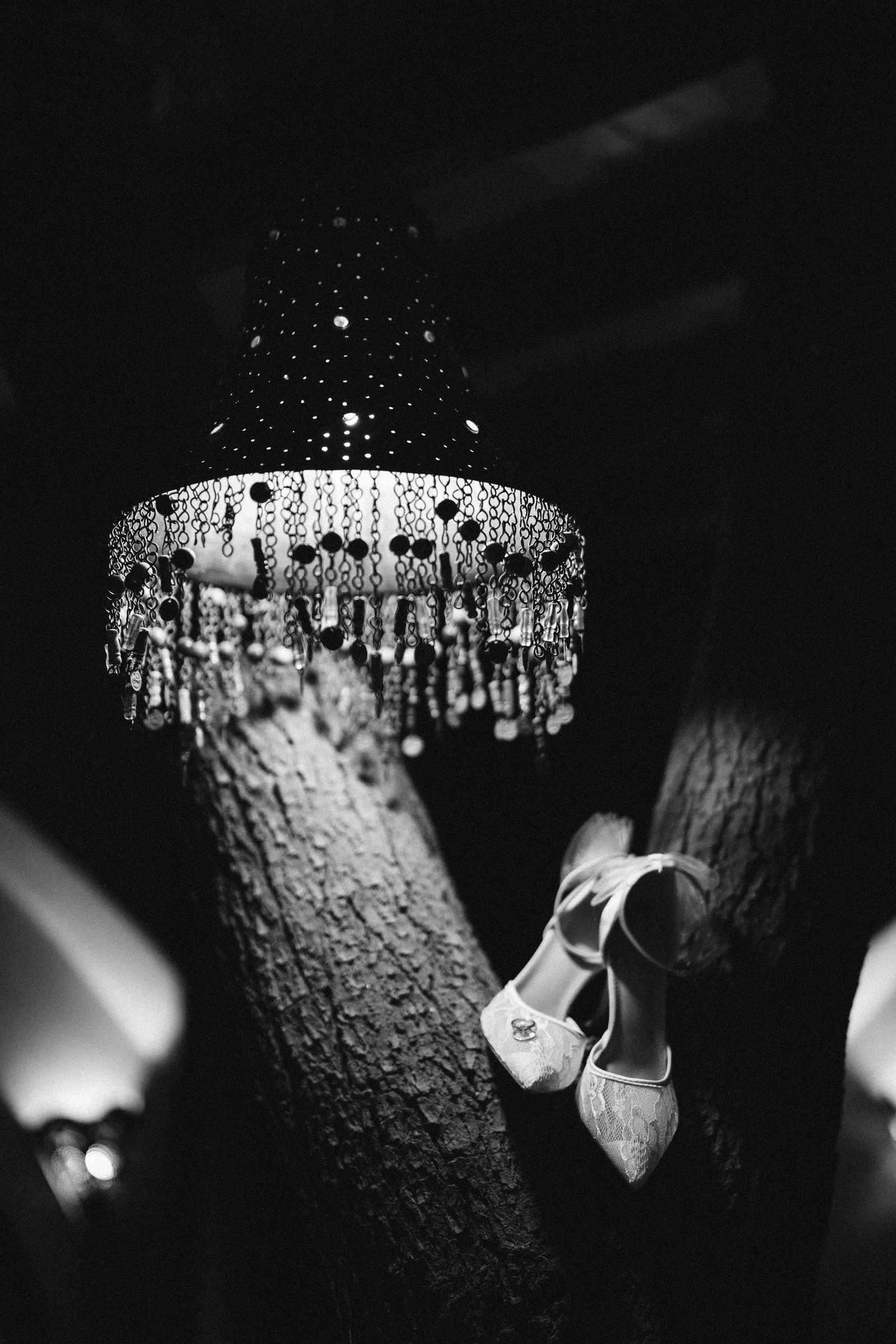 Chandelier above bridal shoes on a tree trunk, black and white